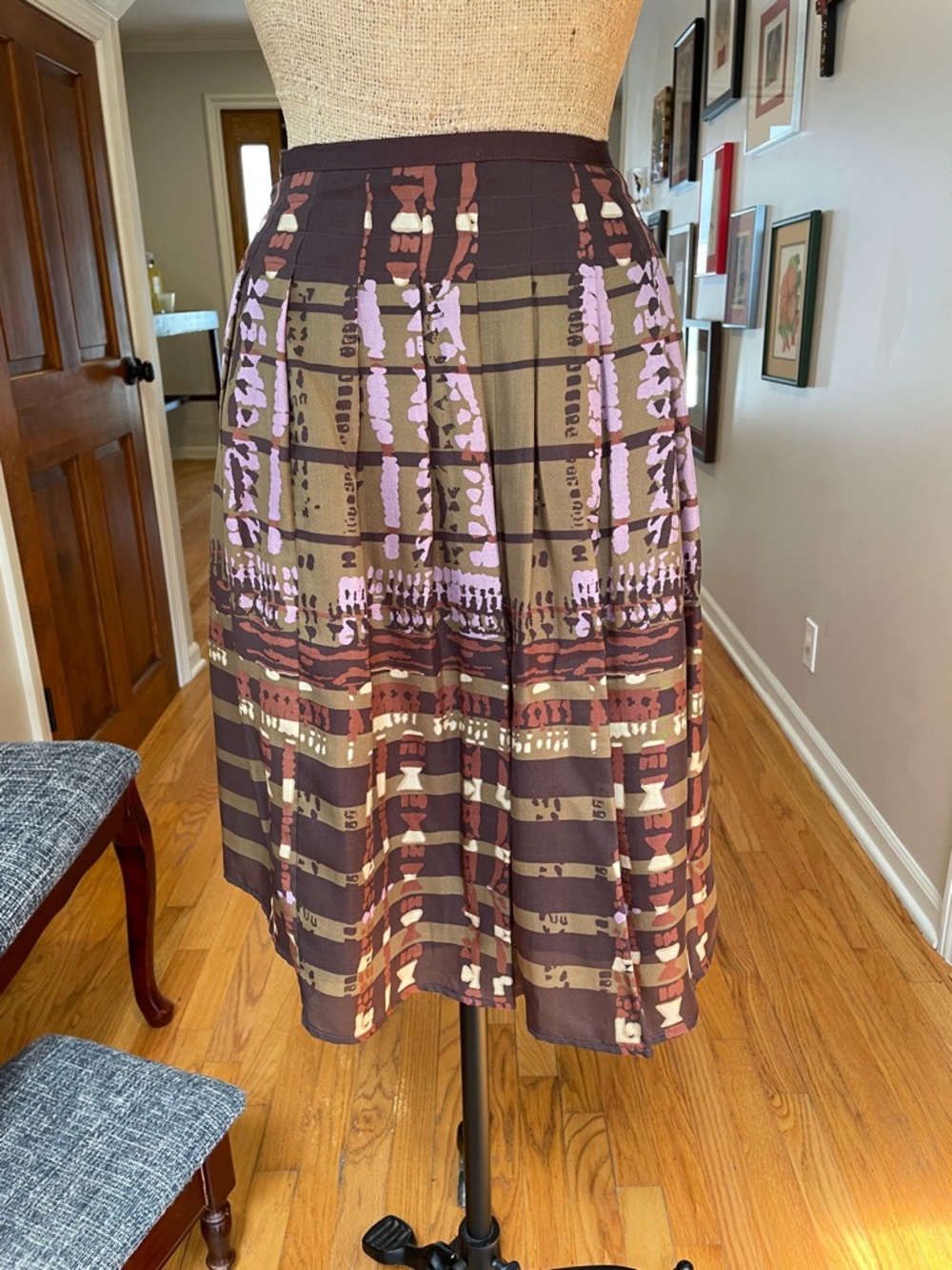 Halogen Brown and Lilac Patterned Pleated Midi Skirt